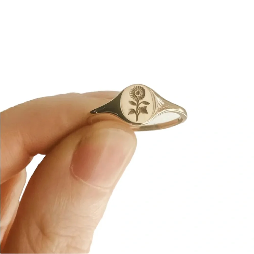 Gold Sunflower Engraved Minimalist Ring